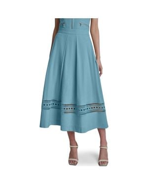 DKNY Eyelet Embroidery Linen Blend A-Line Skirt - Blue