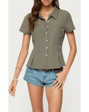 Edikted Alisa Plaid Crop Cotton Blend Button-Up Shirt - Green