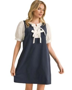 Knit & Lounge Puff Sleeve Layered Contrast Bow Tie Neckline Dress - Blue
