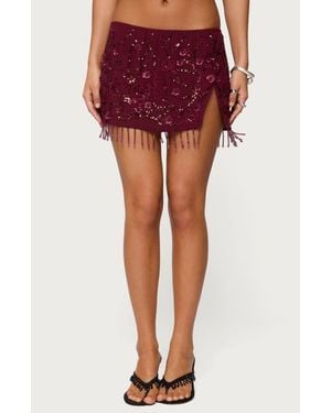 Edikted Sequin Bead Fringe Miniskirt - Red