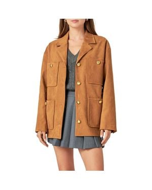 English Factory Padded Shoulder Stretch Faux Suede Jacket - Brown