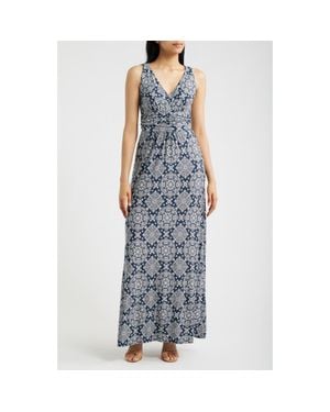 Loveappella Ruched Empire Waist Maxi Dress - Blue