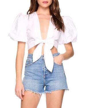 Susana Monaco Bubble Sleeve Tie Front Cotton Poplin Top - White