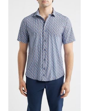 Johnston & Murphy Xc+ Motion Geo Print Short-Sleeve Performance Knit Button-Up Shirt - Blue