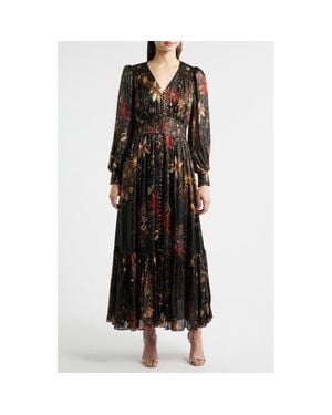 Tahari The Sophie Floral Metallic Stripe Long Sleeve Silk Blend Dress - Black