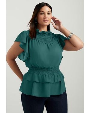 June + Vie Mockneck Ruffle Blouse - Blue