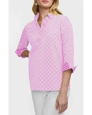 Foxcroft Tammy Geo Lattice Print Ruffle Collar Top - Pink