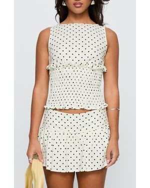 Princess Polly Roxee Polka Dot Smocked Linen Blend Tank - White