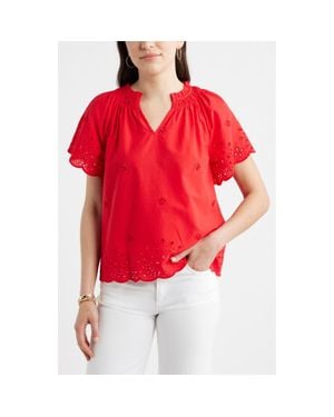 Caslon Eyelet Ruffle Trim Cotton Top - Red