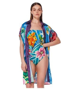 Gottex Tropicana Belted Short Sleeve Shirt Dress Cover-Up - Blue