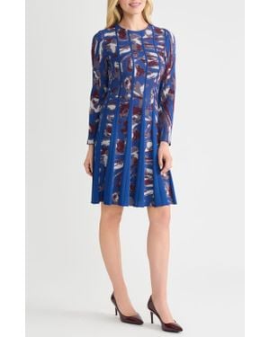 Misook Long Sleeve Jacquard Fit & Flare Dress - Blue