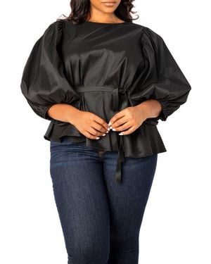 Buxom Couture Tie Waist Voluminous Elbow Sleeve Taffeta Peplum Top - Black
