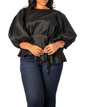 Buxom Couture Tie Waist Voluminous Elbow Sleeve Taffeta Peplum Top - Black