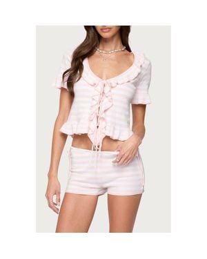 Edikted Janelle Stripe Ruffle Crop Tie Front Top - White