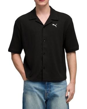PUMA Closet Essentials Waffle Knit Boxy Button-Up Shirt - Black