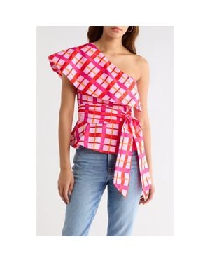 Sugarlips Darvy Plaid One-Shoulder Cotton Top - Red