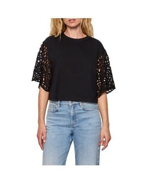 Sanctuary Belle Lace Sleeve Organic Cotton T-Shirt - Black