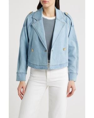 City Blues Double Breasted Denim Crop Trench Jacket - Blue