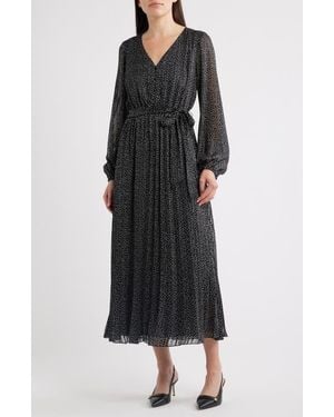 Sam Edelman Polka Dot Metallic Thread Long Sleeve Pleated Dress - Black