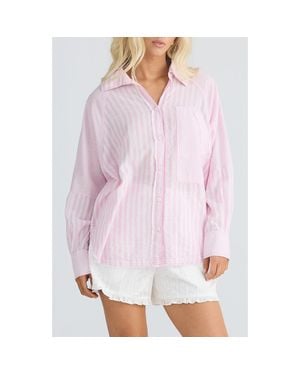 Talisman the Label Yellowstone Oversize Stripe Raw Edge Cotton Button-Up Shirt - Purple