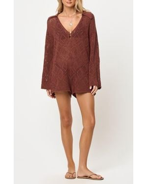 LSPACE Golden Daze Open Stitch Cotton Cover-Up Romper - Red