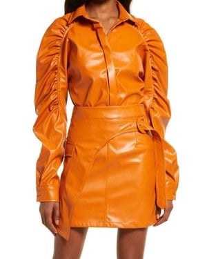 Amy Lynn Ruched Puff Sleeve Faux Leather Shirt - Orange