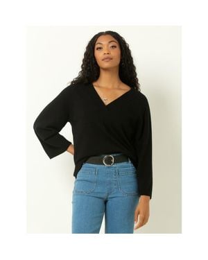 Single Stitch Drop Shoulder V-Neck Sweater - Black