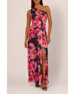 Adrianna Papell Pleated Floral One-Shoulder Chiffon Gown - Red