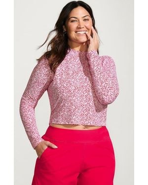 Lands' End Long Sleeve Mock Neck Cropped Upf 50 Sun Protection Rash Guard - Red