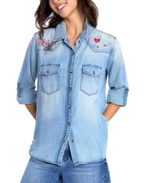 Billy T Butterfly Kiss Embroidered Graphic Button-Up Shirt - Blue