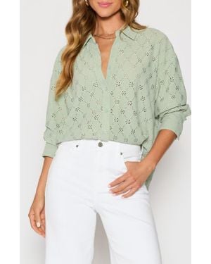 Vici Collection Amber Eyelet Crepe Button-Up Shirt - Green