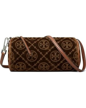Tory Burch T Monogram Flocked Velvet Cylinder Shoulder Bag - Brown