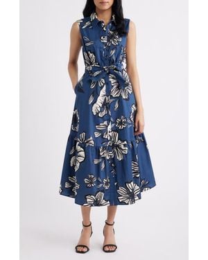 Sam Edelman Floral Tie Belt Cotton Midi Shirtdress - Blue