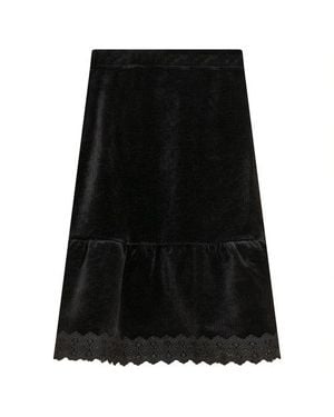 Space Grey Lace Trim Velvet Skirt Midi Pull On - Black