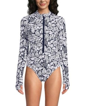 Lands' End Chlorine Resistant Zip Front Long Sleeve Tugless Sporty One Piece Swimsuit - White