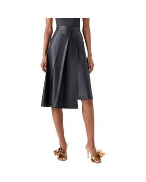 Akris Pleated Asymmetrical Lambskin Leather A-Line Midi Skirt - Black