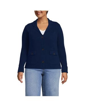 Lands' End Plus Size Drifter Ribbed Collared Blazer Sweater - Blue
