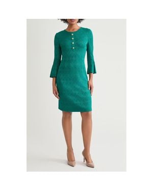 Ming Wang Tonal Multistitch Bell Sleeve Sheath Dress - Green