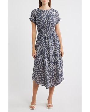 Maggy London Leaf Print Smock Waist Midi Dress - Gray