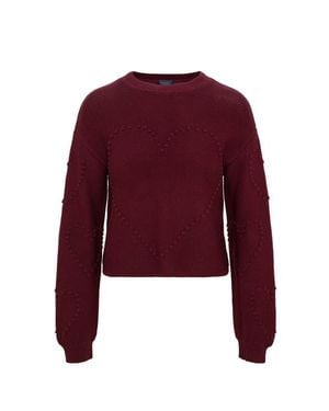 Nonie Heart Pompom Long Sleeve Knit Sweater - Red
