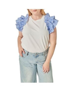 English Factory Mixed Media Ruffle Detail T-Shirt - Blue