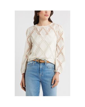 Caslon Lattice Lace Bracelet Length Sheer Cotton Top - White
