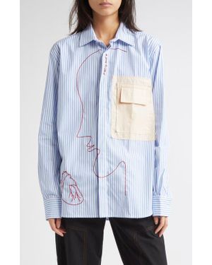 KÚR I Left My Heart Hand-Embroidered Stripe Button-Up Shirt - White