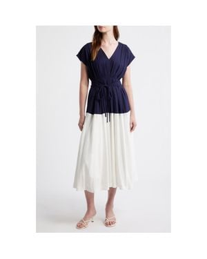 ZOE AND CLAIRE Colorblock Pleat Tie Belt Dress - Blue