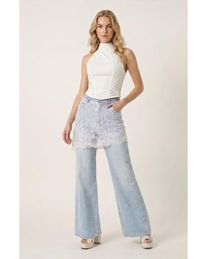 Modenaire Lace Skirt Overlay Wide Leg Pants - White