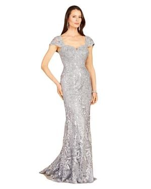 LARA New York Long Bell Sleeve V-Neck Beaded Gown - White