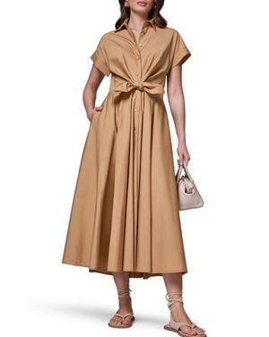 Donna Karan Tie Waist Short Sleeve Stretch Cotton Midi Shirtdress - Brown