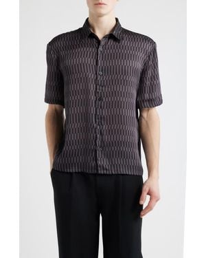 Open Edit Oversize Geo Print Short Sleeve Button-Up Shirt - Gray