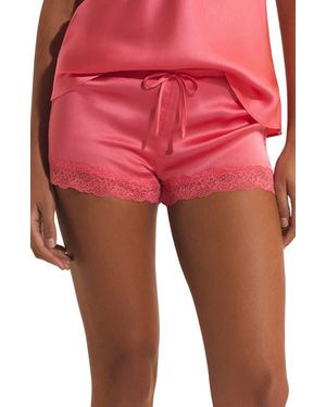 Etam Milky Lace Trim Washable Silk Satin Pajama Shorts - Red