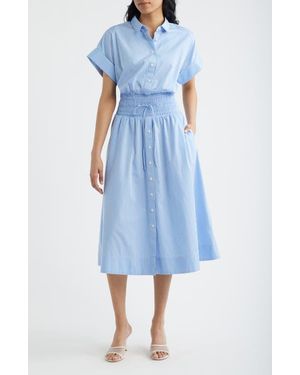 Spanx Stripe Smocked Waist Cotton Midi Dress - Blue